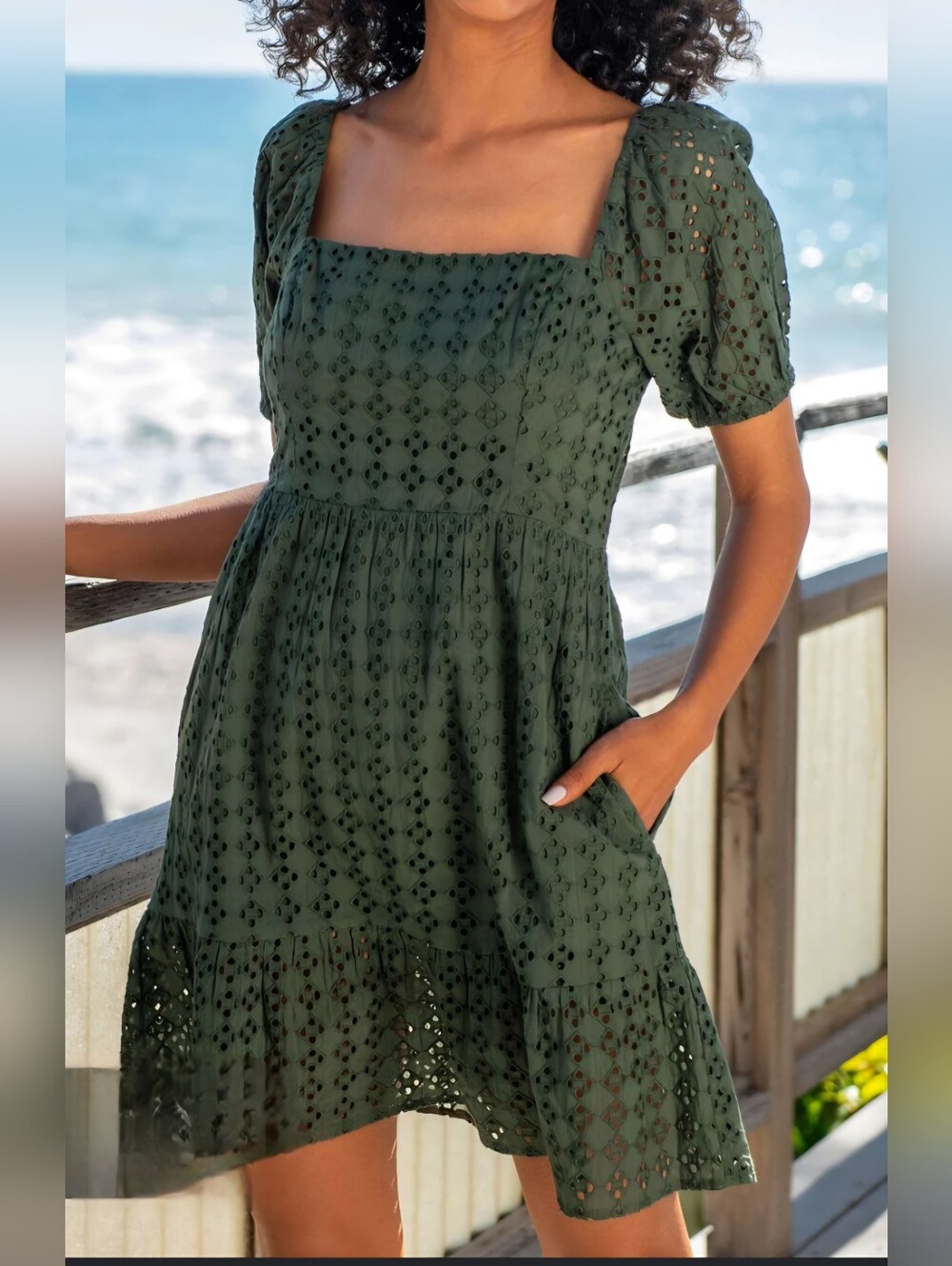 La Blanca Forest Green Eyelet Square Neck Dress Size Medium